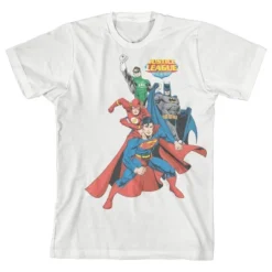 DC COMICS Standing Superheroes Justice League White T-Shirt Toddler Boy To Youth Boy -Dc Comics GUEST a5c9d219 25dd 441d aeff d3b6a68652ec