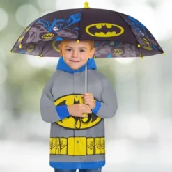 DC COMICS Batman Or Superman Boy's Umbrella And Raincoat Set, Kids Ages 2-7