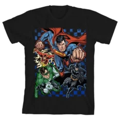 DC COMICS The Justice League Superheroes On Checkered Background Black Graphic Tee Toddler Boy To Youth Boy -Dc Comics GUEST e211e4e0 c3ec 4945 8440 dae438d6ddff